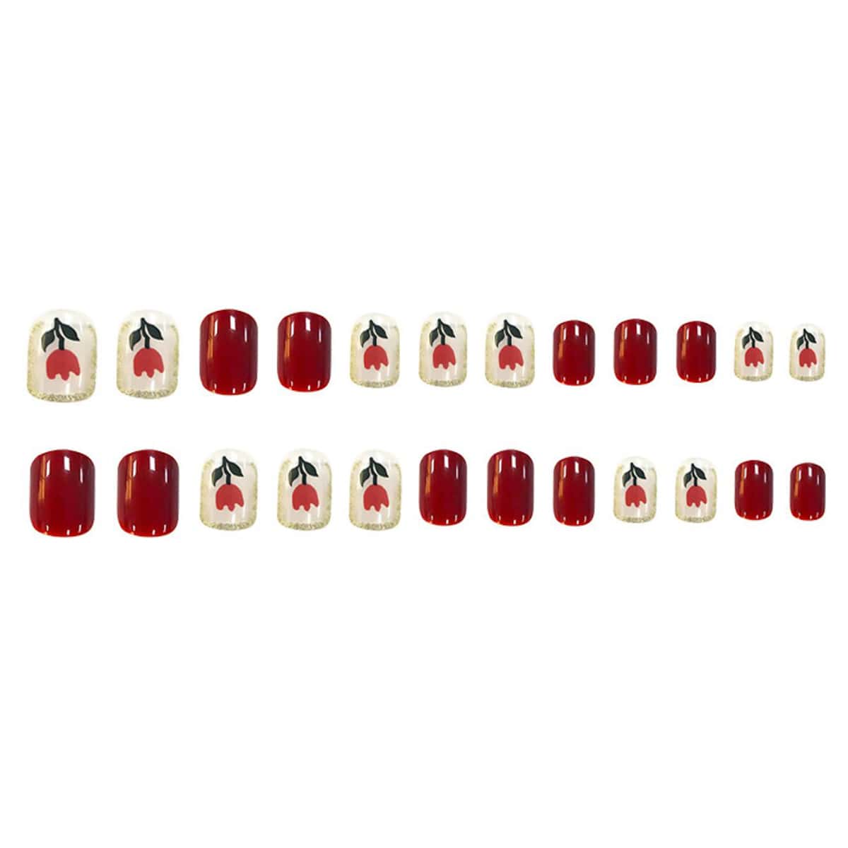 

24pcs Flower Pattern False Nail, Red