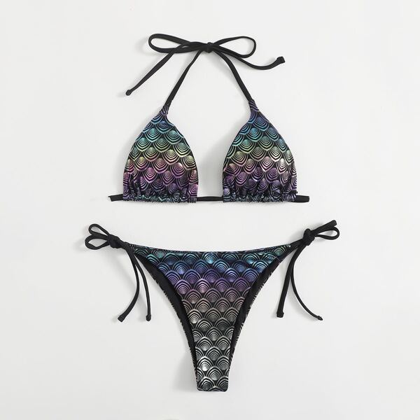 

Random Fish Scale Metallic Triangle Bikini Swimsuit, Multicolor