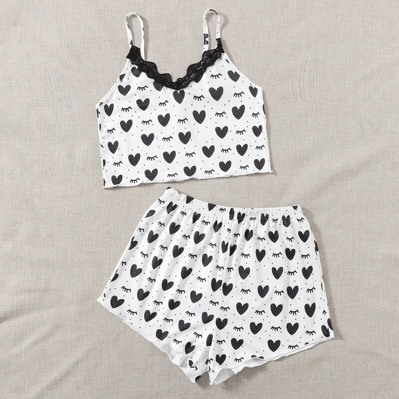 

Heart Graphic Contrast Lace Pajama Set, White