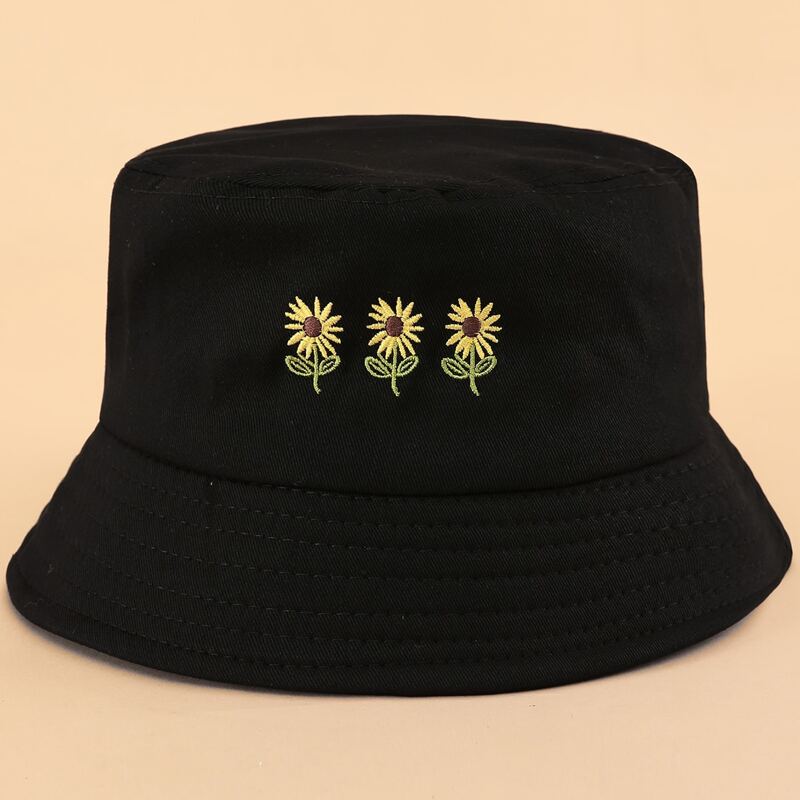 

Sunflower Embroidery Bucket Hat, Black
