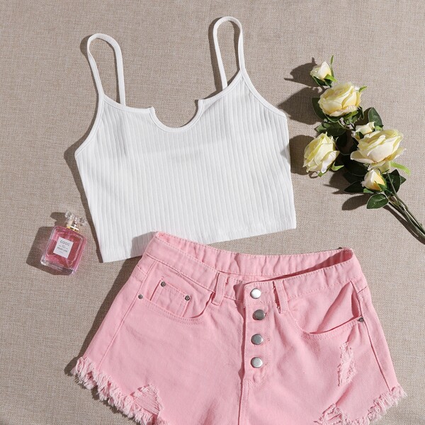

Rib-knit Solid Crop Cami Top, White