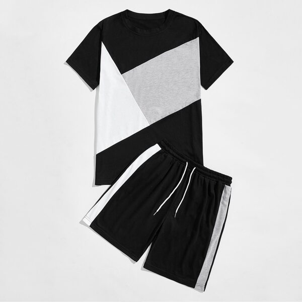 

Men Color Block Tee & Drawstring Waist Shorts, Multicolor