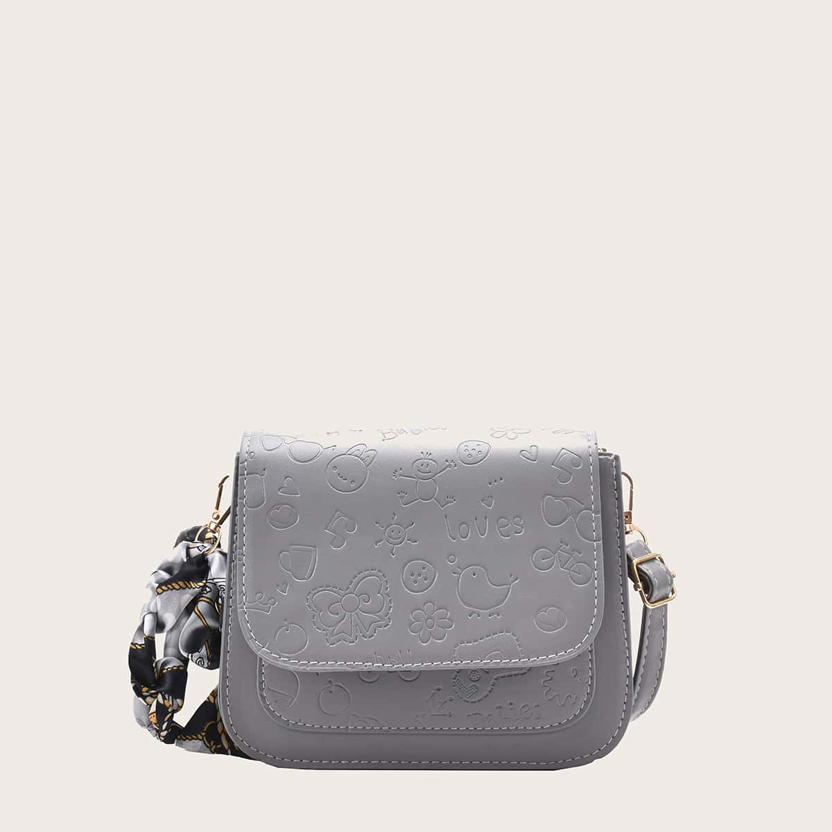 

Cartoon Embossed Crossbody Bag, Grey