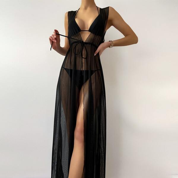 

Drawstring Waist Sheer Kimono, Black