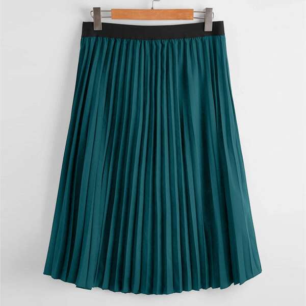 

Plus Solid Elastic Waist Pleated Skirt, Teal blue