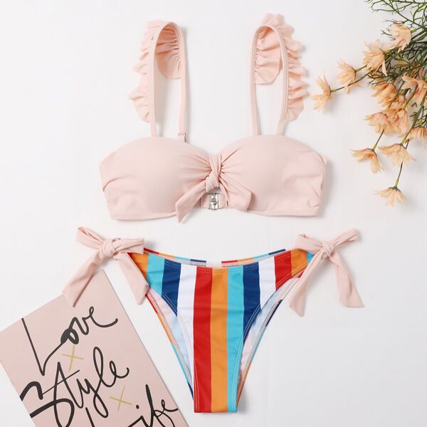

Striped Ruffle Push Up Tie Side Bikini Swimsuit, Multicolor