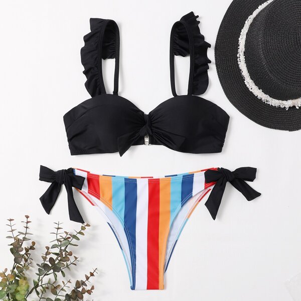 

Striped Ruffle Push Up Tie Side Bikini Swimsuit, Multicolor