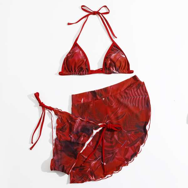 

3pack Tropical Triangle Bikini Swimsuit & Beach Skirt, Red
