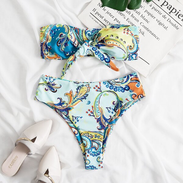 

Paisley Print Knot Front Bandeau Bikini Swimsuit, Multicolor