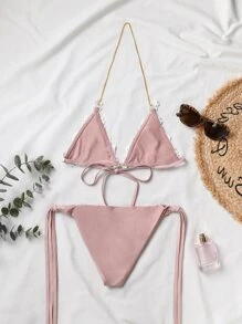 贴花三角系带侧比基尼套装，适合夏季海滩度假 - 粉色 - 查看 2