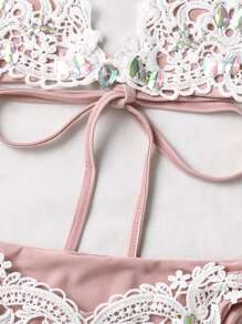 贴花三角系带侧比基尼套装，适合夏季海滩度假 - 粉色 - 查看 3