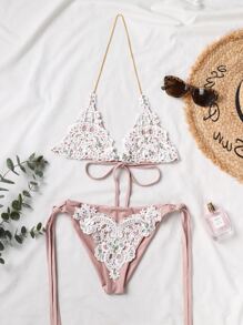 贴花三角系带侧比基尼套装，适合夏季海滩度假 - 粉色 - 查看 4