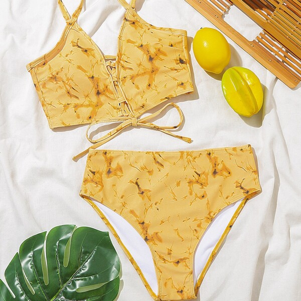 

Tie Dye Lace Up Bikini Swimsuit, Yellow
