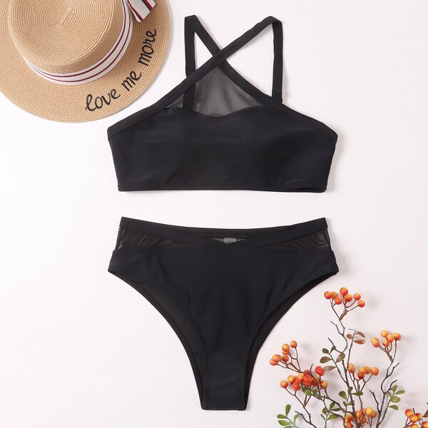 

Contrast Mesh Cross Front Bikini Swimsuit, Black
