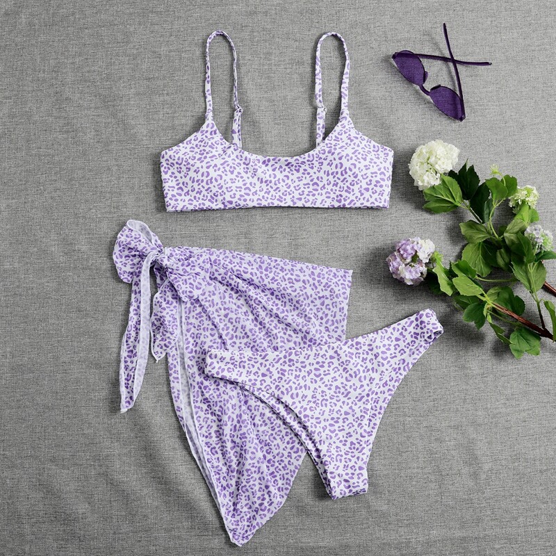 

3pack Leopard Bikini Swimsuit & Beach Skirt, Purple