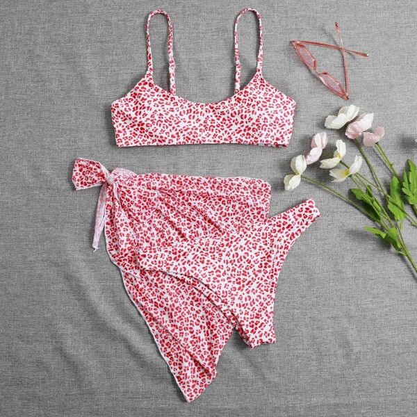 

3pack Leopard Bikini Swimsuit & Beach Skirt, Red
