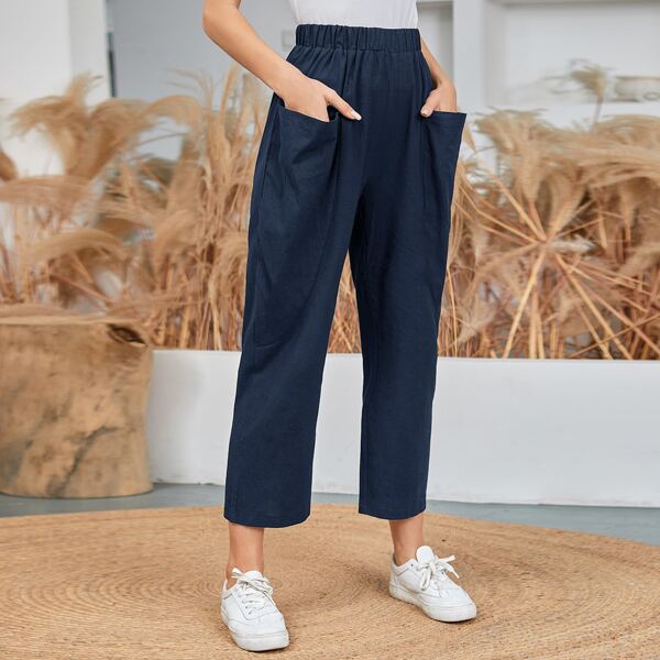 

Solid Pocket Detail Straight Leg Pants, Chocolate brown