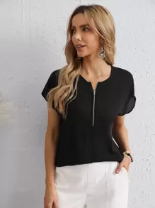 EMERY ROSE Zip Half Placket Top - Black - View 4