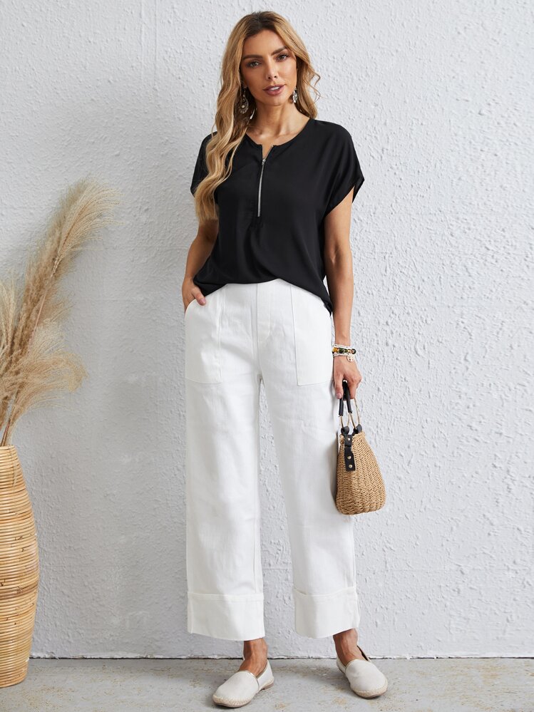 EMERY ROSE Zip Half Placket Top - Black - View 5