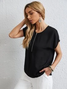 EMERY ROSE Zip Half Placket Top - Black - View 6