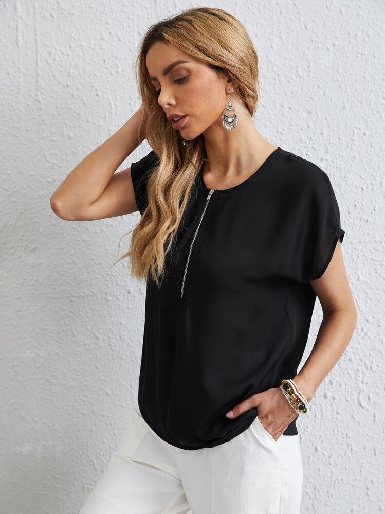 EMERY ROSE Zip Half Placket Top - Black - View 6