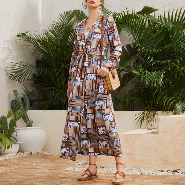 

Floral & Geo Print Belted Coat, Multicolor