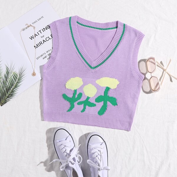 

Floral Pattern Sweater Vest, Pastel lilac purple