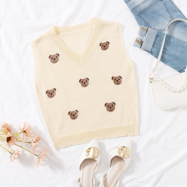 

V Neck Bear Pattern Sweater Vest, Beige