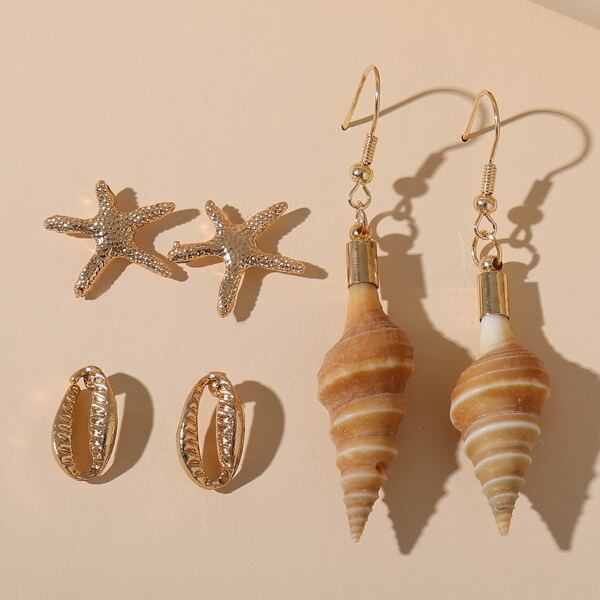 

3pairs Shell Decor Earrings, Gold