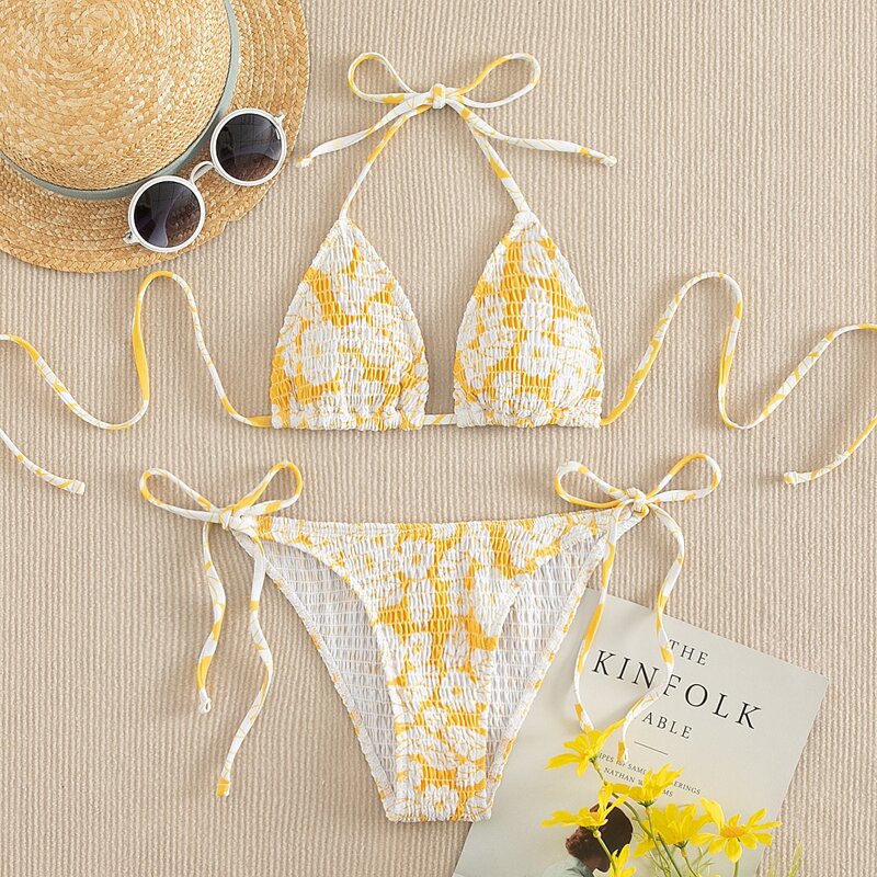 

Floral Smocked Triangle Tie Side Bikini Swimsuit, Yellow