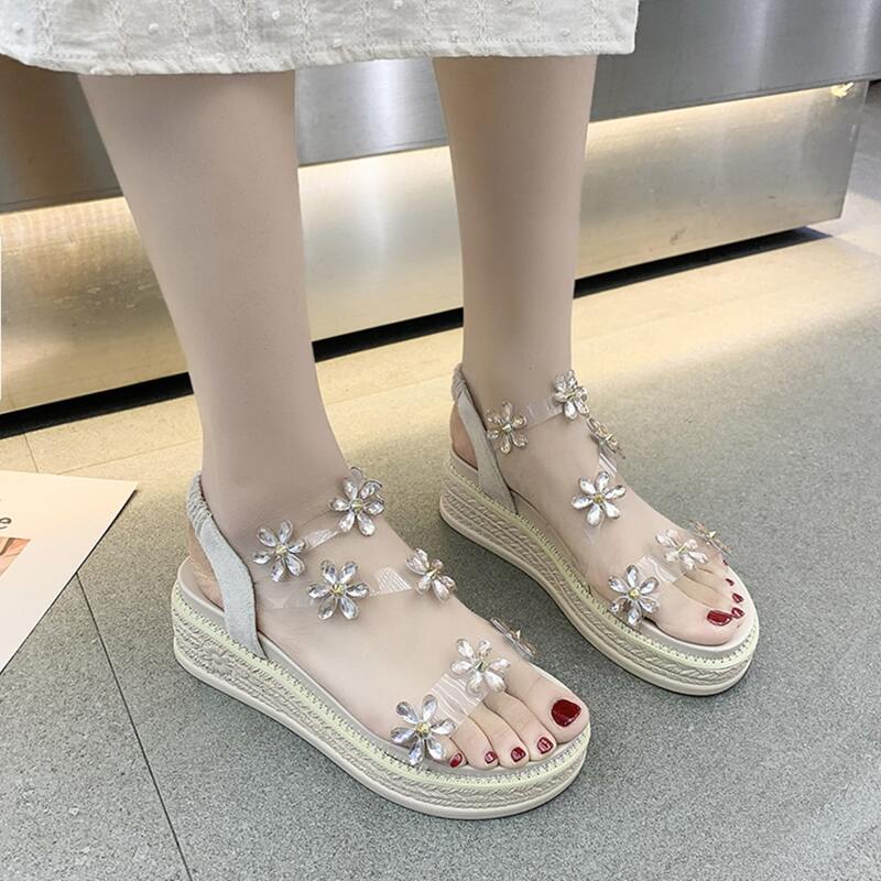 

Rhinestone Floral Clear Strap Wedge Sandals, Beige