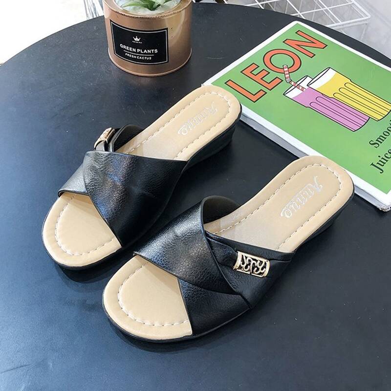 

Criss Cross Band Wedge Mules, Black