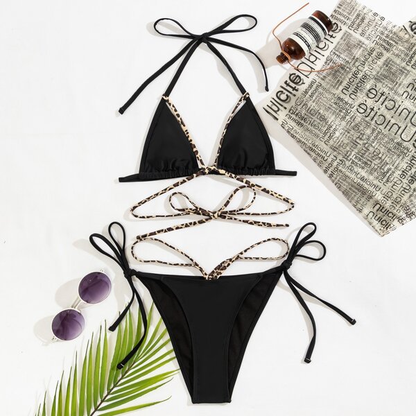 

Triangle Tie Side Thong Bikini Swimsuit, Black