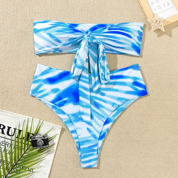

Knot Bandeau Bikini Swimsuit, Blue and white
