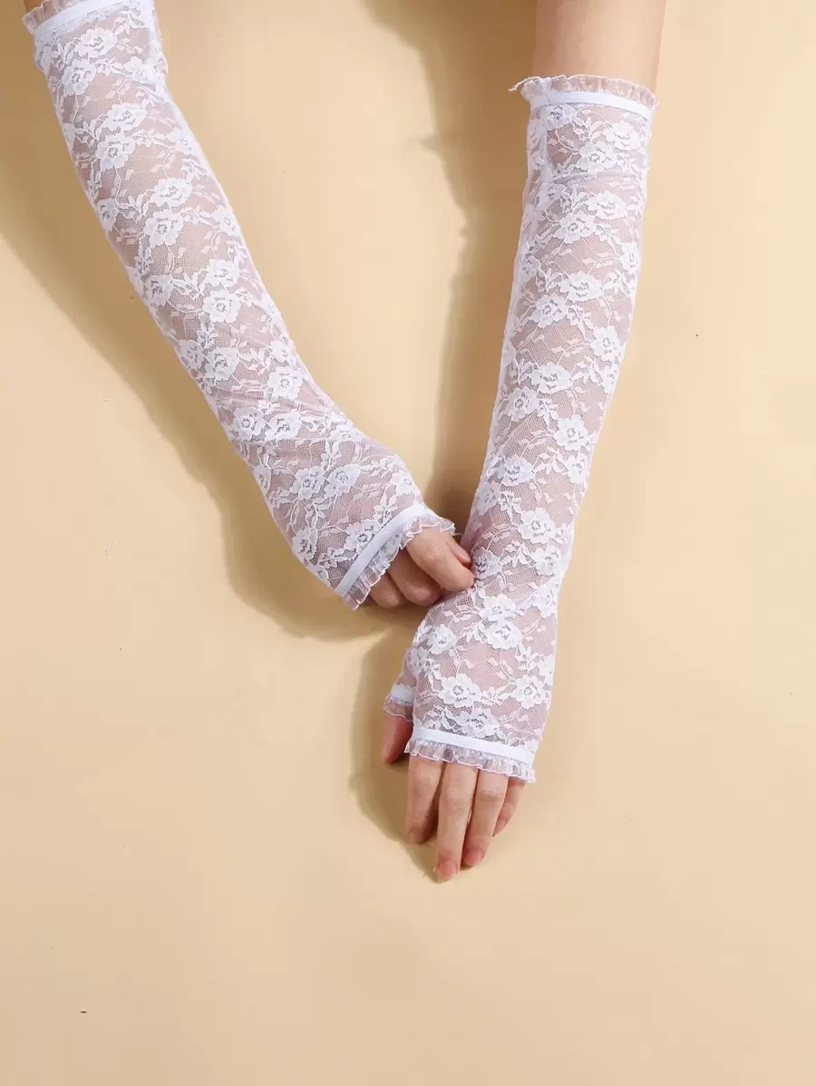 女士蕾丝长手套秋装 - 白色 - 查看 1