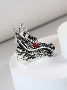 1 pieza Anillo con cabeza de dragón estilo punk, adecuado para uso diario - Plata antigua - Ver 1