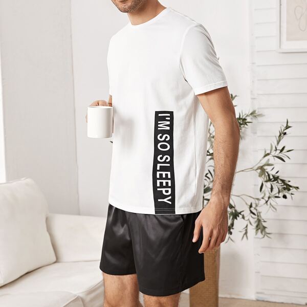 

Men Slogan Graphic Tee & Silky Shorts PJ Set, Black and white