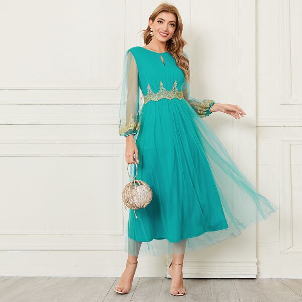 

Cut Out Front Mesh Overlay Dress, Green