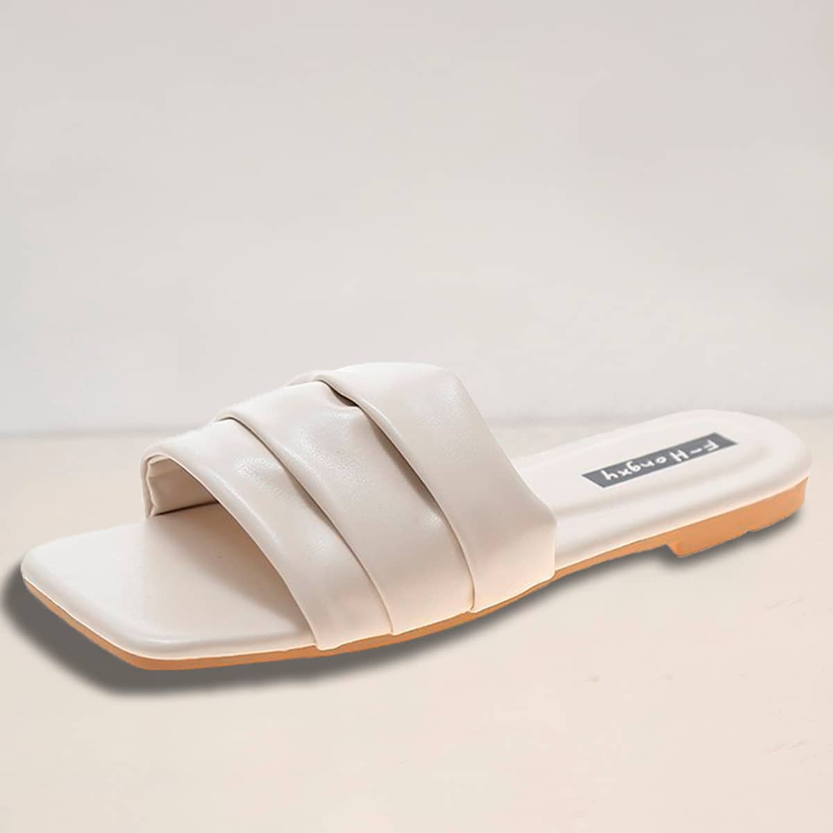 

Layered Wide Band Slide Sandals, Beige