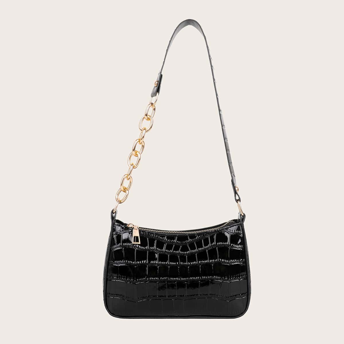 

Croc Embossed Baguette Bag, Black