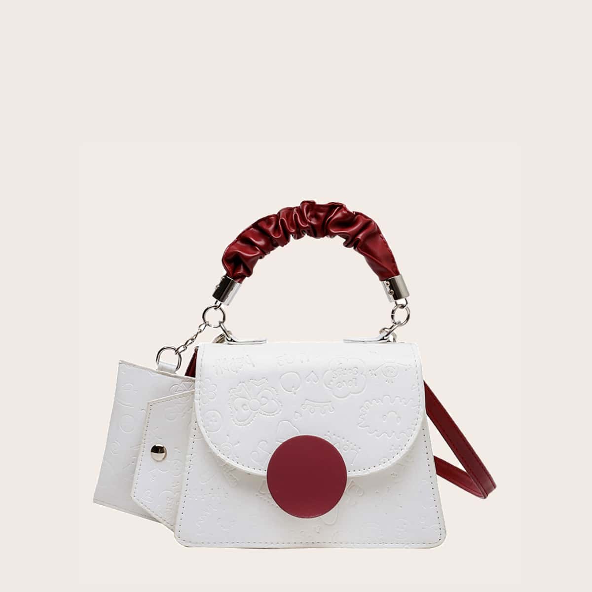 

Cartoon Embossed Satchel Bag With Purse, White