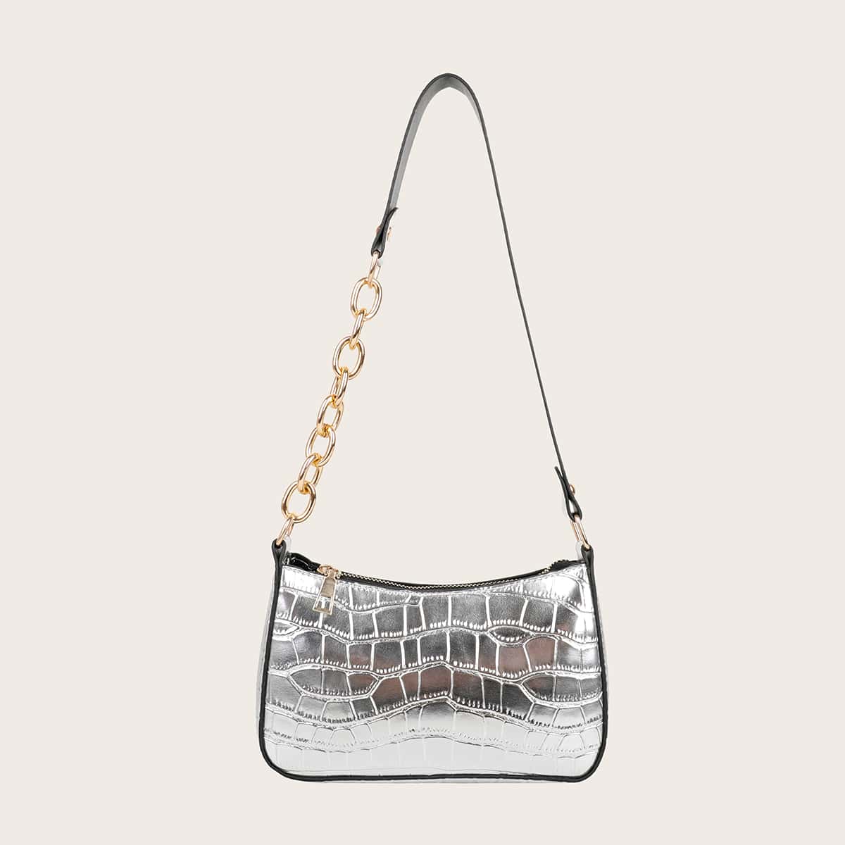 

Croc Embossed Baguette Bag, Silver