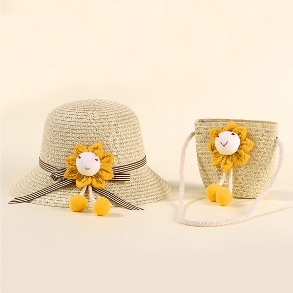 

Toddler Girls Flower Decor Hat & Bag, Beige