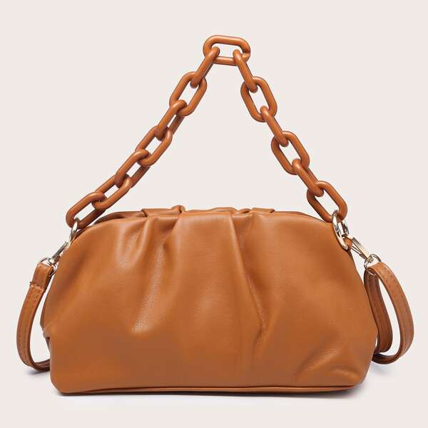 

Ruched Chain Shoulder Bag, Brown