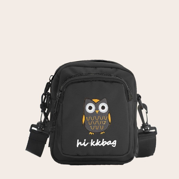 

Cartoon Owl Embroidered Crossbody Bag, Black