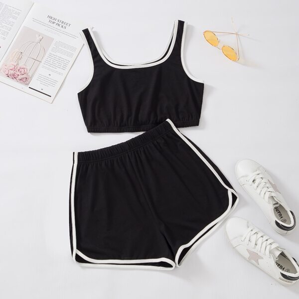 

Plus Contrast Binding Tank Top & Dolphin Hem Shorts, Black