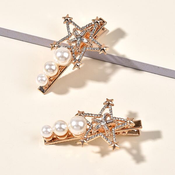 

2pcs Rhinestone Star Decor Hair Clip, Gold