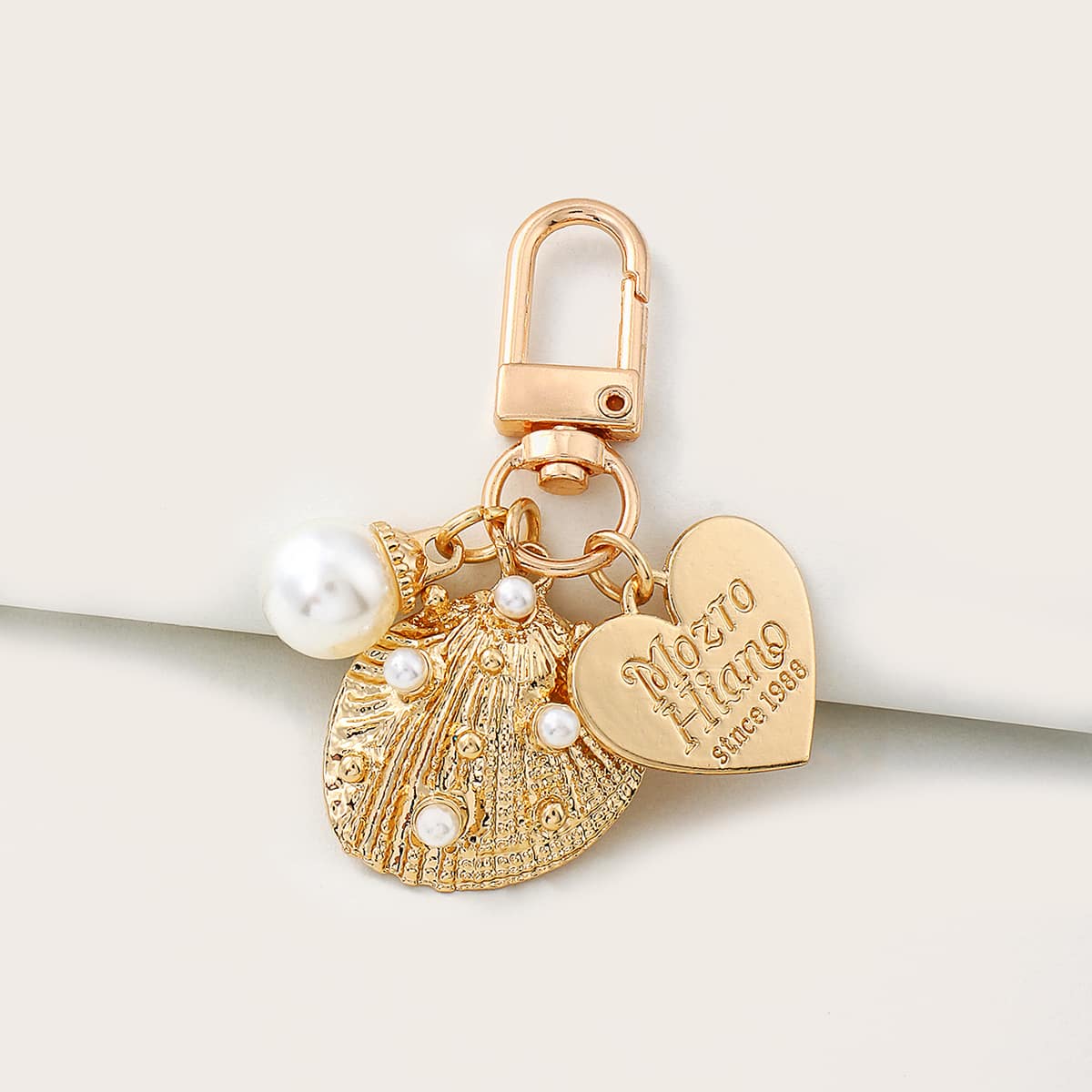 

Faux Pearl Shell & Heart Bag Charm, Gold