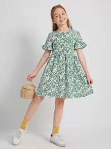 SHEIN Girls Ruffle Cuff Button Front Floral Smock Dress - Multicolor - View 1