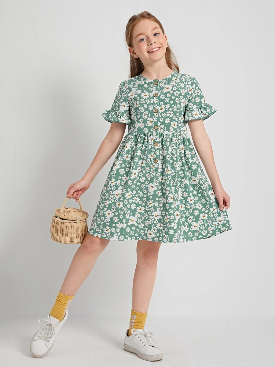 SHEIN Girls Ruffle Cuff Button Front Floral Smock Dress - Multicolor - View 1
